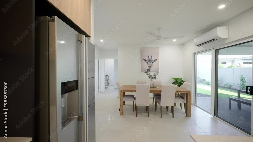 Modern interior view of a display home kitchen leading to a laundry area, featuring sleek cabinetry, countertops, and contemporary design elements Modern interior view of a display home kitchen leading to a laundry area, featuring sleek cabinetry, countertops, and contemporary design elements