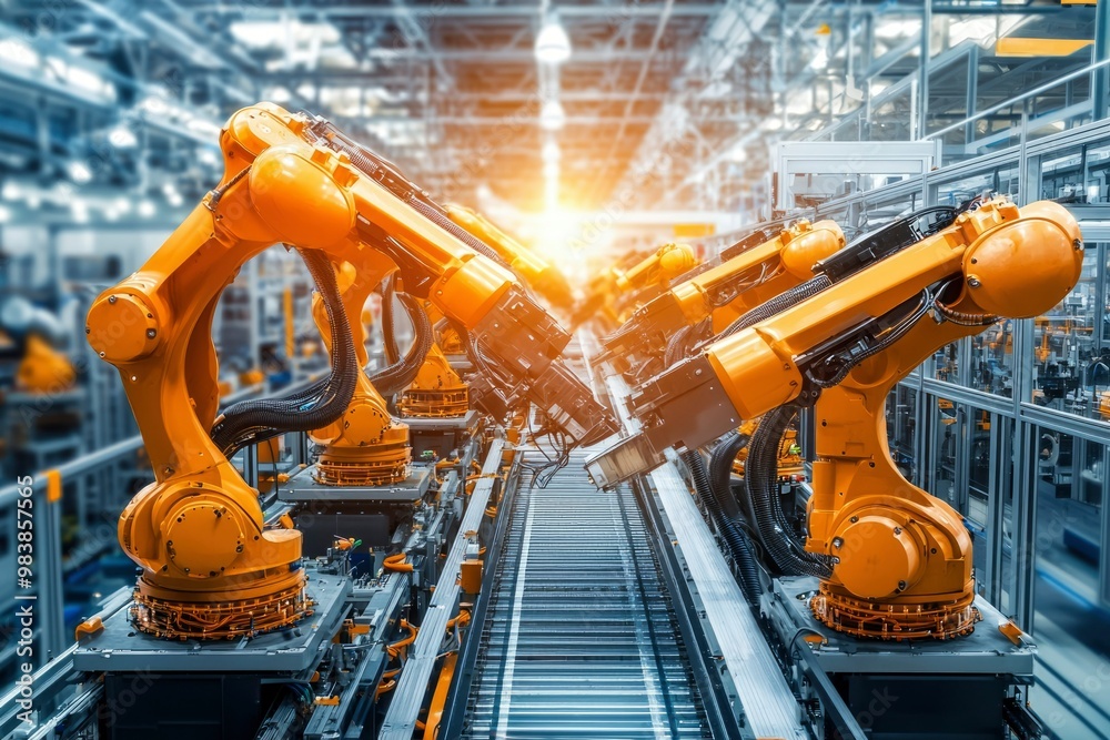 Industrial robotic arms working on an automated assembly line in a factory Industrial robotic arms working on an automated assembly line in a factory
