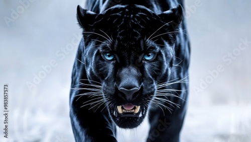 A black panther with shiny fur and bright blue eyes approaching threateningly towards the camera photo