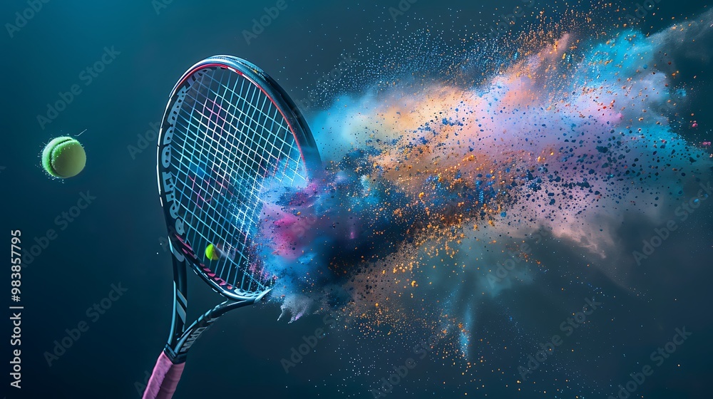 Record a tennis racket striking a ball and blowing with colored powder