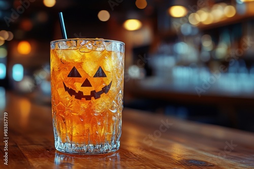 Halloween drink with a jack-o'-lantern face on a glass in a bar. photo