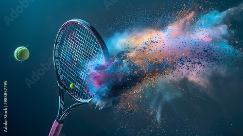 Obraz na płótnie Record a tennis racket striking a ball and blowing with colored powder w salonie
