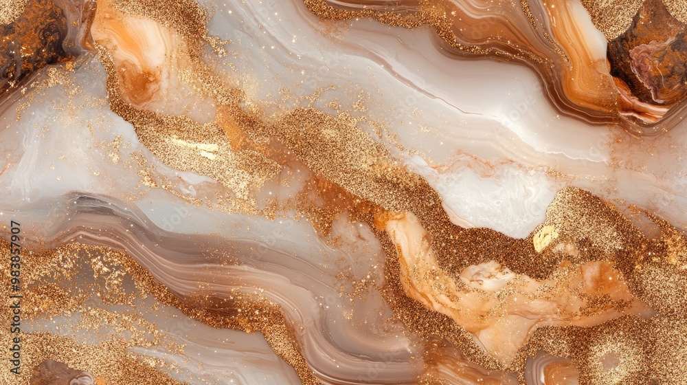 Obraz premium Glittery brown marble texture combined with white ink paint featuring a beige geode appearance Includes a coffee colored backdrop and a cream marble surface Luxury seamless copper painting pattern