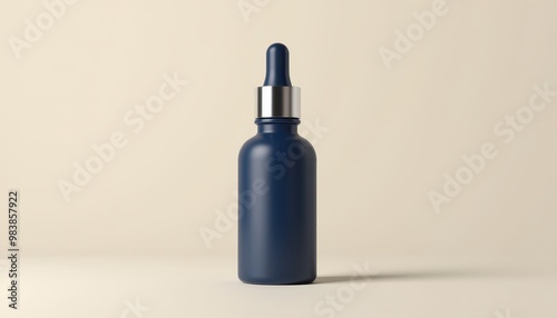 Matte Dark Blue Cosmetic Dropper Bottle with Silver Cap on Cream Background