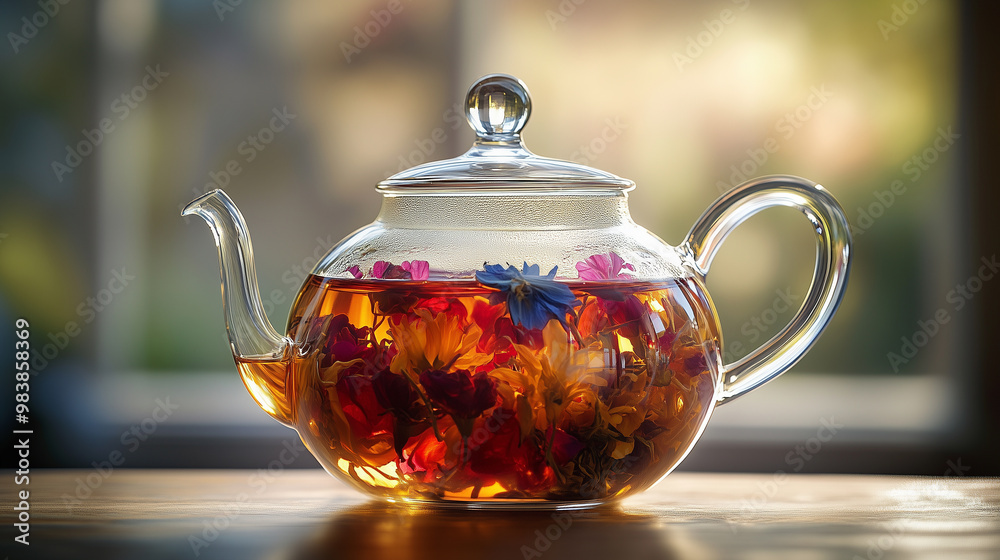 A beautiful glass teapot filled with vibrant flowers and herbal tea, showcasing colorful infusion. warm light enhances natural beauty of floral arrangement inside. A beautiful glass teapot filled with vibrant flowers and herbal tea, showcasing colorful infusion. warm light enhances natural beauty of floral arrangement inside.