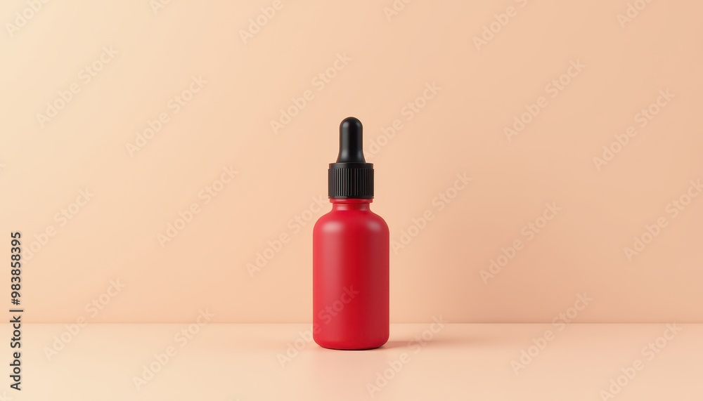 Matte Red Cosmetic Dropper Bottle with Black Cap on Pastel Beige Background Matte Red Cosmetic Dropper Bottle with Black Cap on Pastel Beige Background