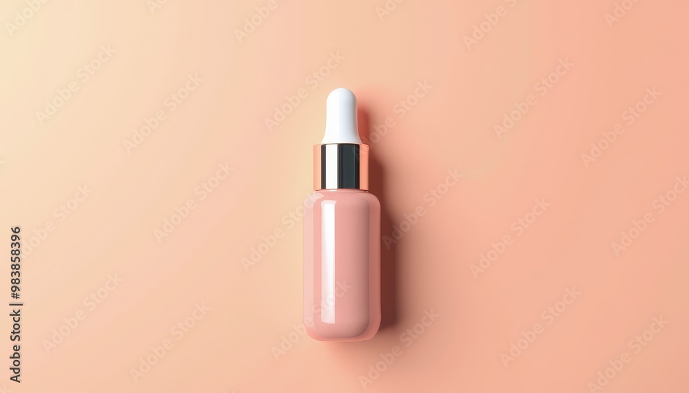 Glossy Cosmetic Dropper Bottle with Silver Cap on Light Coral Background Glossy Cosmetic Dropper Bottle with Silver Cap on Light Coral Background