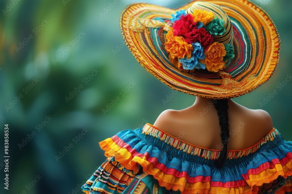 Woman in vibrant traditional Mexican attire with a decorated hat. Woman in vibrant traditional Mexican attire with a decorated hat.