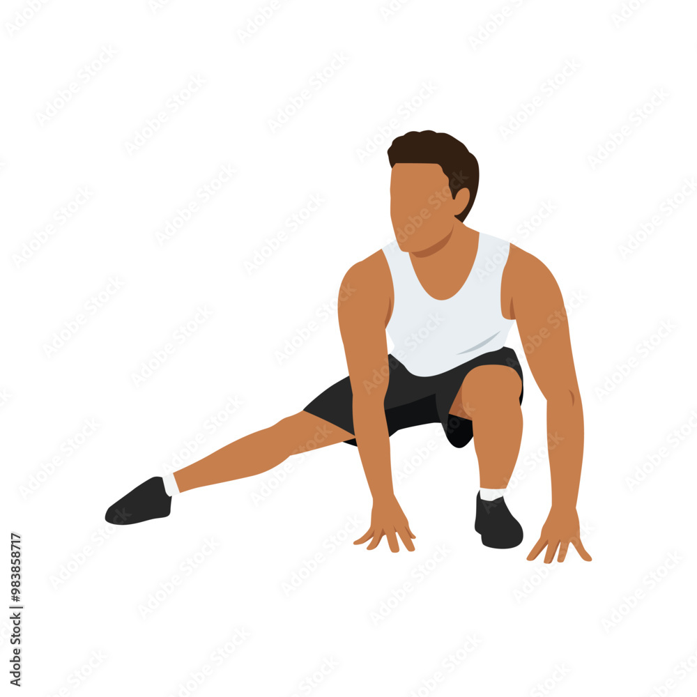 Young man doing stretch exercise for legs sit at floor. Flat vector illustration isolated on white background Young man doing stretch exercise for legs sit at floor. Flat vector illustration isolated on white background