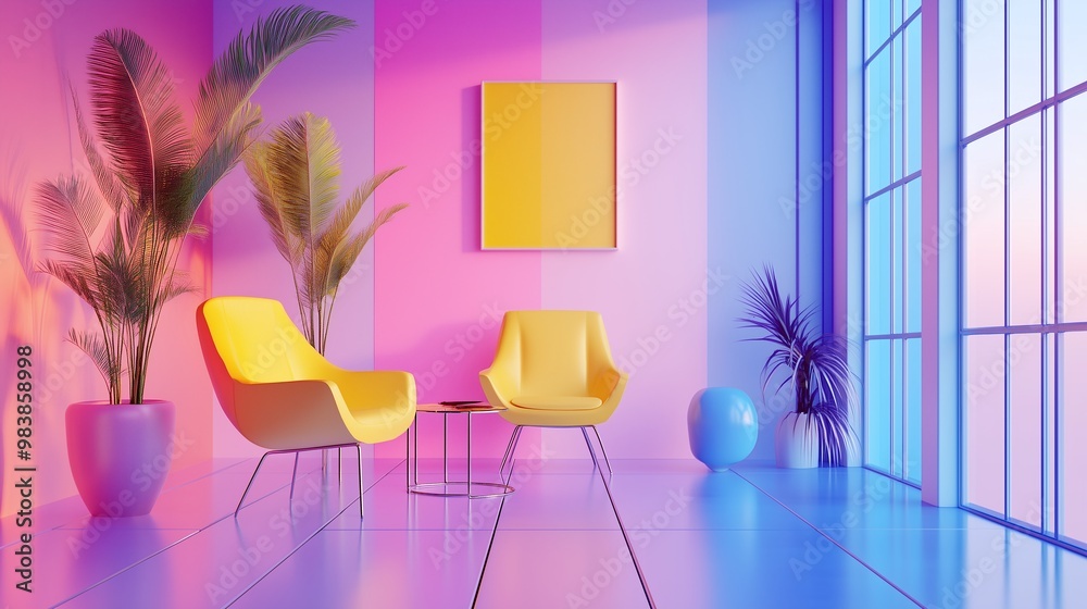 Vibrant lounge with yellow chairs, colorful walls, tall palm plants, and sleek round table, ai generated. Vibrant lounge with yellow chairs, colorful walls, tall palm plants, and sleek round table, ai generated.