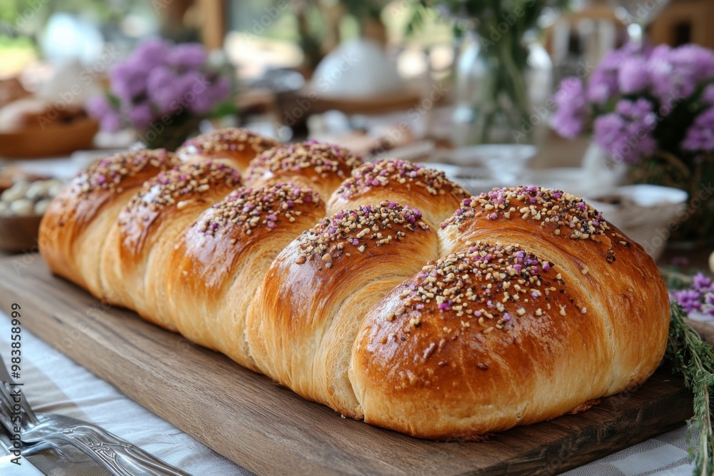 Freshly baked braided bread loaf with colorful sprinkles on a table. Freshly baked braided bread loaf with colorful sprinkles on a table.