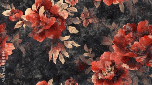 Seamless dark floral texture background featuring a bold realistic flower glitch pattern Large petal scale blooms create a grunge all over print Elegant and trendy design suited for modern fashion