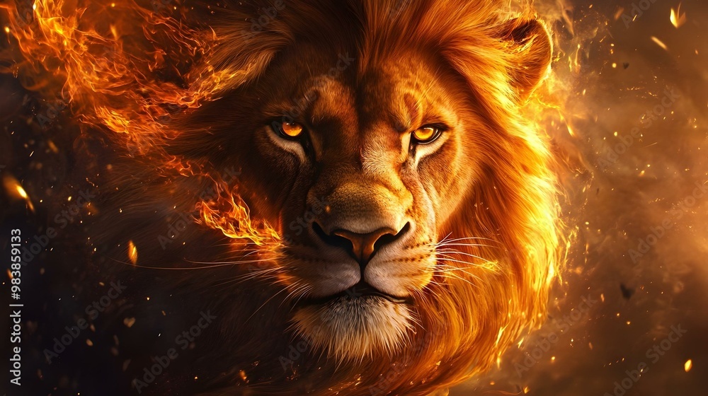 Naklejka premium front view of Lion king in fire, Portrait on black background, wild animal concept