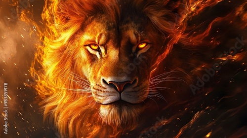 portrait of a fire lion, wild animal concept