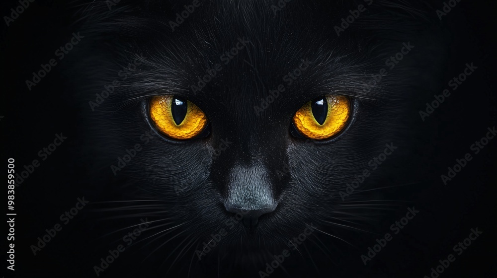 Naklejka premium Closeup photo of black cat with yellow eyes