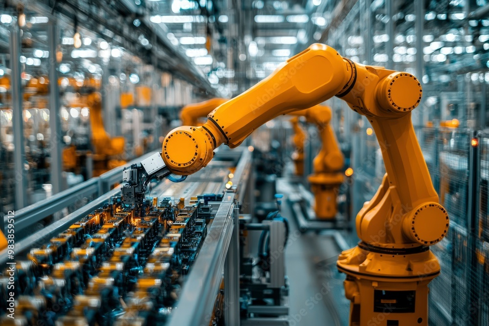 Yellow Robotic Arm on an Assembly Line in a Factory Yellow Robotic Arm on an Assembly Line in a Factory