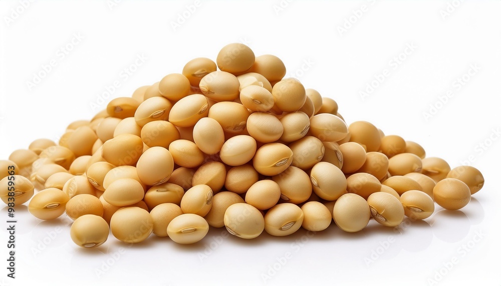 A nutritious and versatile food: Yellow soybeans, piled high on a white background A nutritious and versatile food: Yellow soybeans, piled high on a white background
