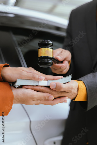 A judge in a courtroom presides over a legal case involving a car accident claim. The anxious driver awaits the verdict, while lawyers present evidence of vehicle damage for the insurance decision.