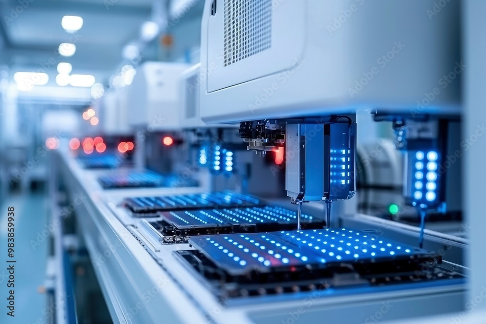 Automated Manufacturing Line with Blue Illuminated Circuit Boards