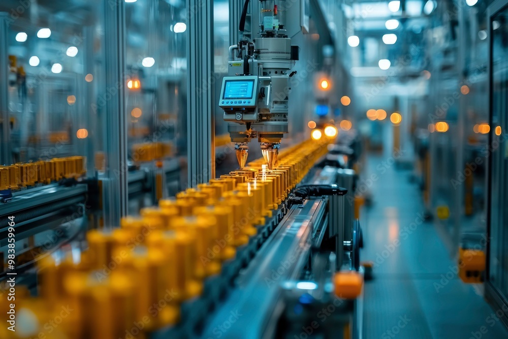 Fototapeta premium Automated Assembly Line with Robotic Arm and Conveyor Belt