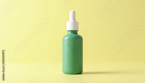 Sleek Green Cosmetic Dropper Bottle with White Cap on Pastel Yellow Background