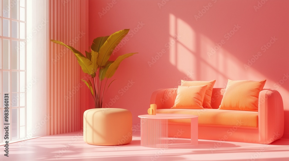 Soft pink living room with peach sofa, side table, green plant, and sunlight, ai generated. Soft pink living room with peach sofa, side table, green plant, and sunlight, ai generated.