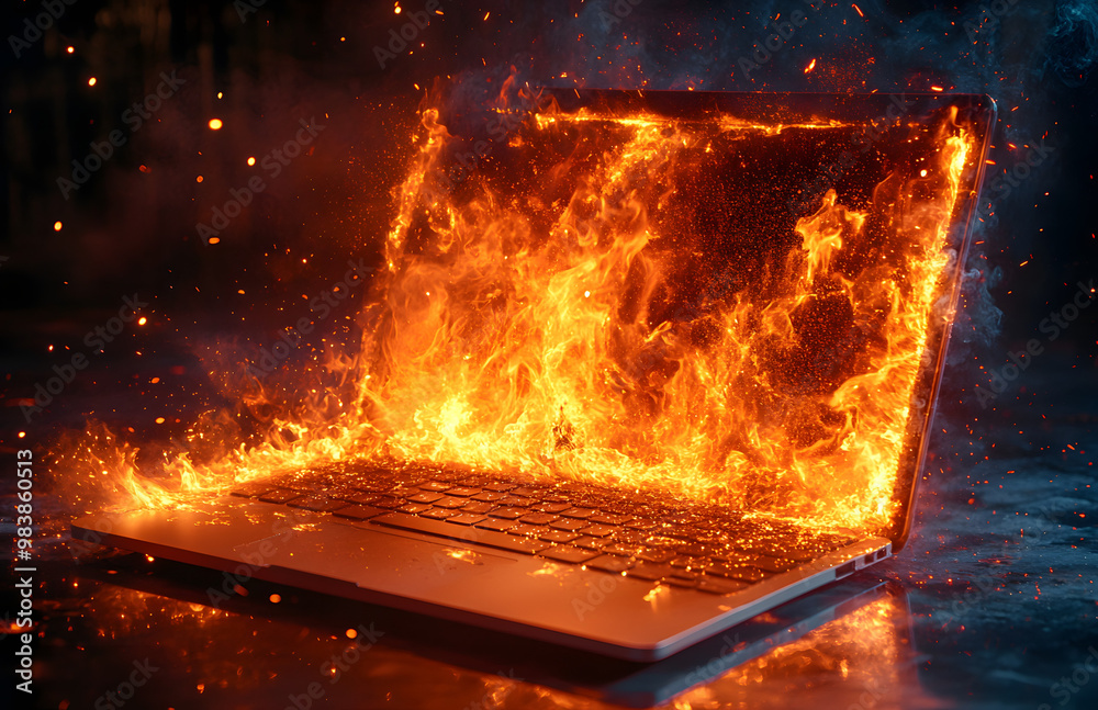 A Laptop on Fire with the Screen Ablaze and Smoke Rising
A Laptop on Fire with the Screen Ablaze and Smoke Rising