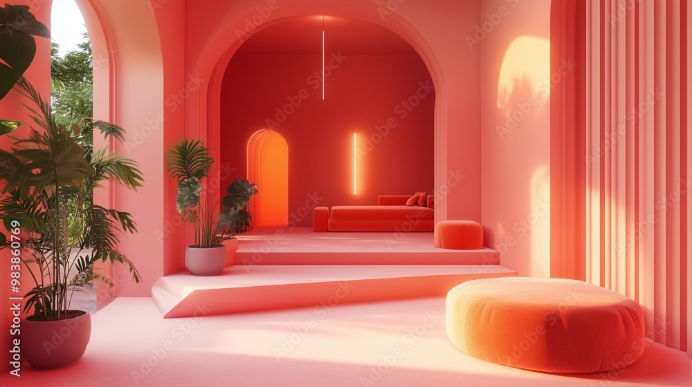 Modern interior with coral tones, arches, green plants, minimalist furniture, and lighting, ai generated. Modern interior with coral tones, arches, green plants, minimalist furniture, and lighting, ai generated.