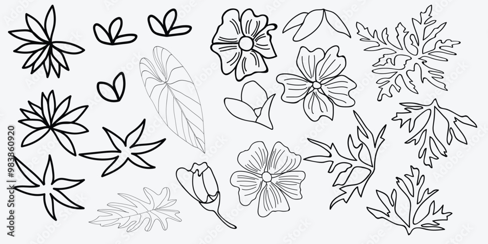 Chic black and white floral patterns with various flowers and leaves in a detailed, seamless design Chic black and white floral patterns with various flowers and leaves in a detailed, seamless design