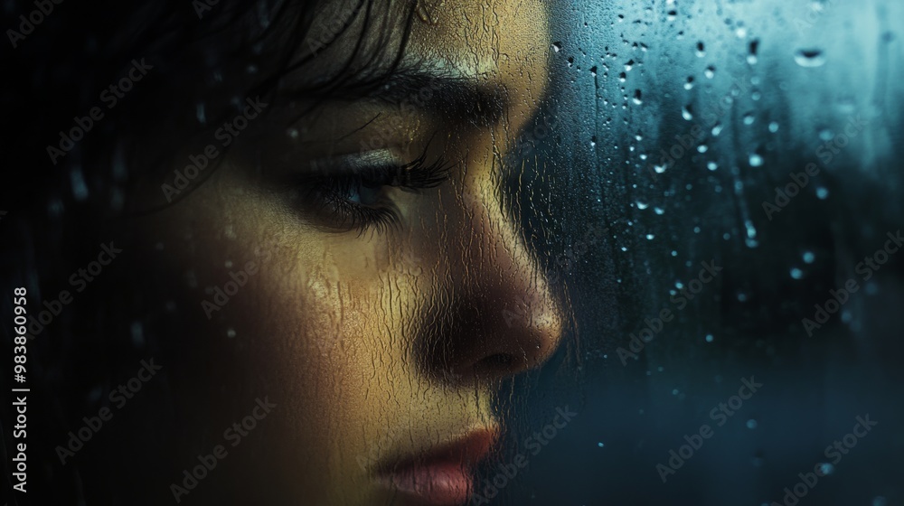 Woman Looking Through a Window with Rain Drops. Woman Looking Through a Window with Rain Drops.