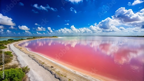 Las Coloradas in Yucatan features stunning pink lakes embraced by lively nature beneath a radiant blue sky, making