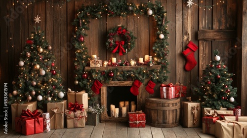 Christmas Fireplace Decor with Garlands, Gifts and Christmas Trees.