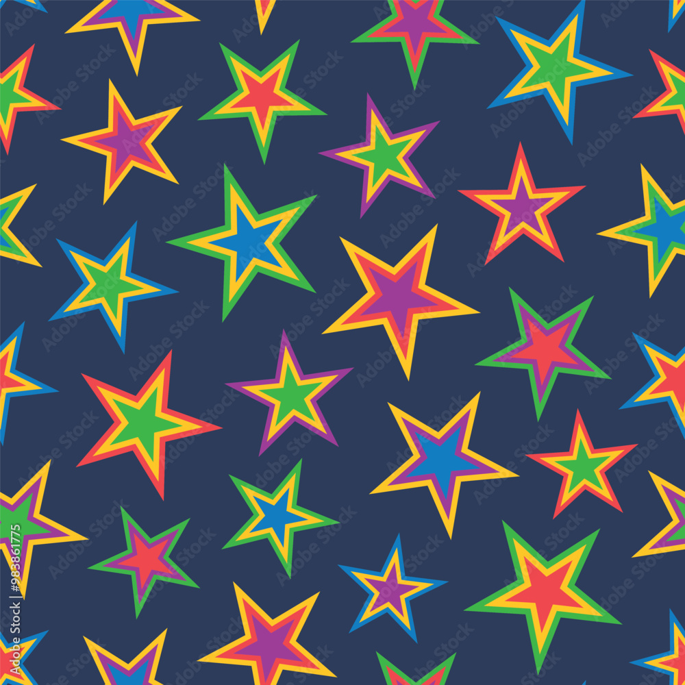 Seamless pattern of colorful stars on a dark background, suitable for design needs in fabrics, textiles, fashion, wrapping paper and others Seamless pattern of colorful stars on a dark background, suitable for design needs in fabrics, textiles, fashion, wrapping paper and others