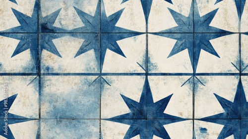 Blue Ink Sketch Classic Tile Design Traditional Floor Scratch Texture Endless Red Paper Gray Star Motif Rough Blue Texture Retro Backdrop Geometric Patterns Vintage Paper Design Ink Flower Texture photo