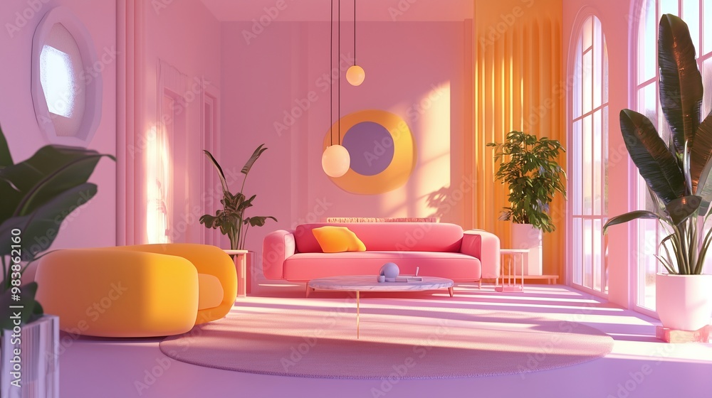 Pink sofa with yellow accents, green plants, and natural light, AI generated