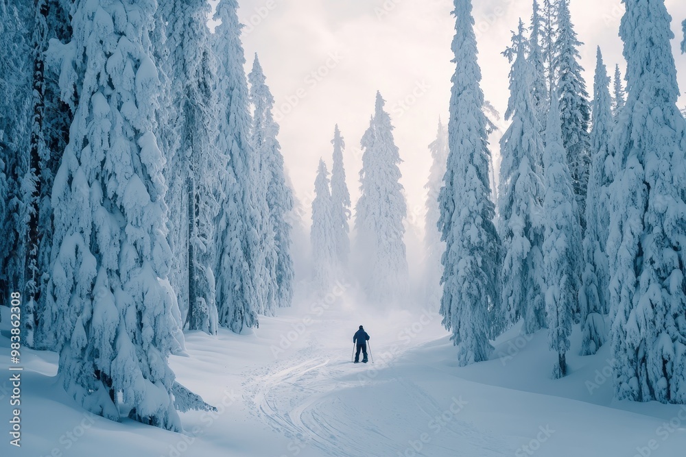 A lone skier navigating a snowy forest landscape surrounded by tall, frosted trees. A lone skier navigating a snowy forest landscape surrounded by tall, frosted trees.
