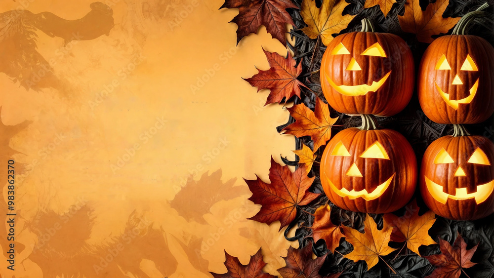 Glowing jack o lanterns with creepy faces among autumn leaves on orange background.Generative AI Glowing jack o lanterns with creepy faces among autumn leaves on orange background.Generative AI