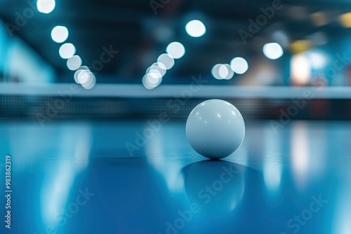 A Single White Ping Pong Ball on a Blue Table with Blurred Lights in the Background