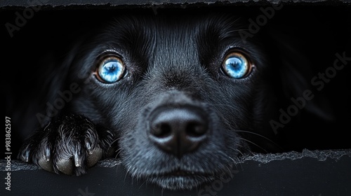 Close-up of a black dog's face with striking blue eyes peering through a gap.