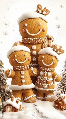 Gingerbread family standing in snow with christmas trees and houses