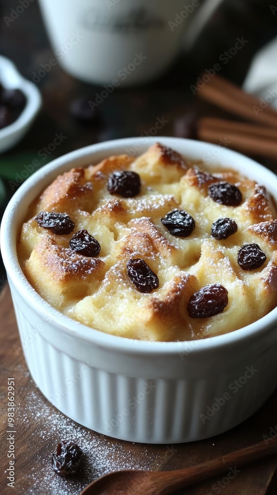 Bread pudding dessert with raisins and cinnamon being sprinkled with powdered sugar Bread pudding dessert with raisins and cinnamon being sprinkled with powdered sugar