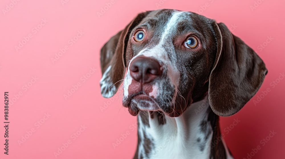 Cute dog with black white and brown fur is looking up on pink background Cute dog with black white and brown fur is looking up on pink background