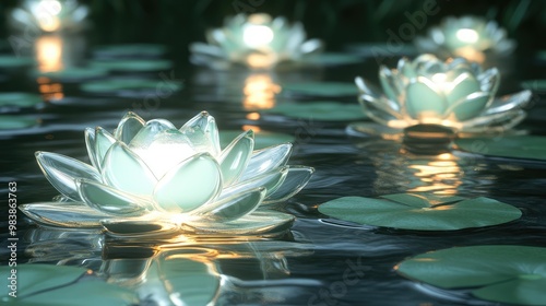 Floating 3D lily pads made of glass, softly glowing on a reflective, serene lake. photo