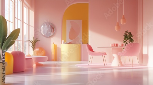 Playful interior with pink and yellow hues, modern furniture, and greenery. AI generated.