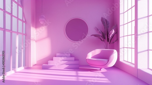 Minimalist pink room with curved chair, mirror, and tropical plants. AI generated.