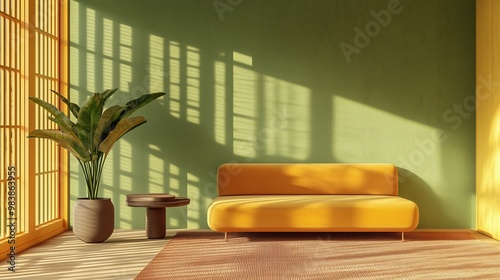 Room with yellow sofa, green plant, wood accents, and natural light. AI generated.