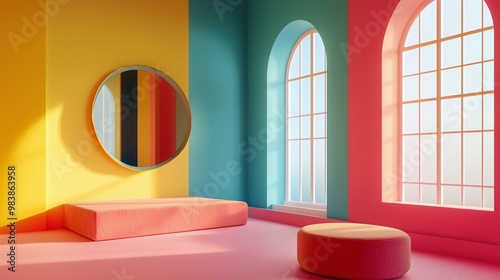 Interior with yellow, teal, and pink walls, arched windows, and pink bench. AI generated.