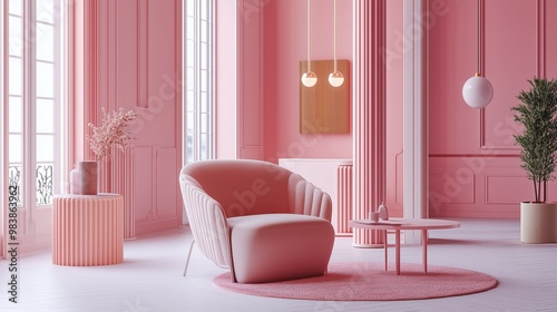 Pink room with plush armchair, side table, floral arrangement, and pendant lights. AI generated.