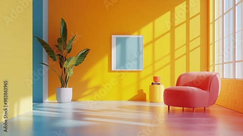 Bright space with pink armchair, palm plant, and colorful accent wall. AI generated.