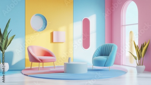 Playful room with pastel walls, armchairs, circular decor, and plants. AI generated.